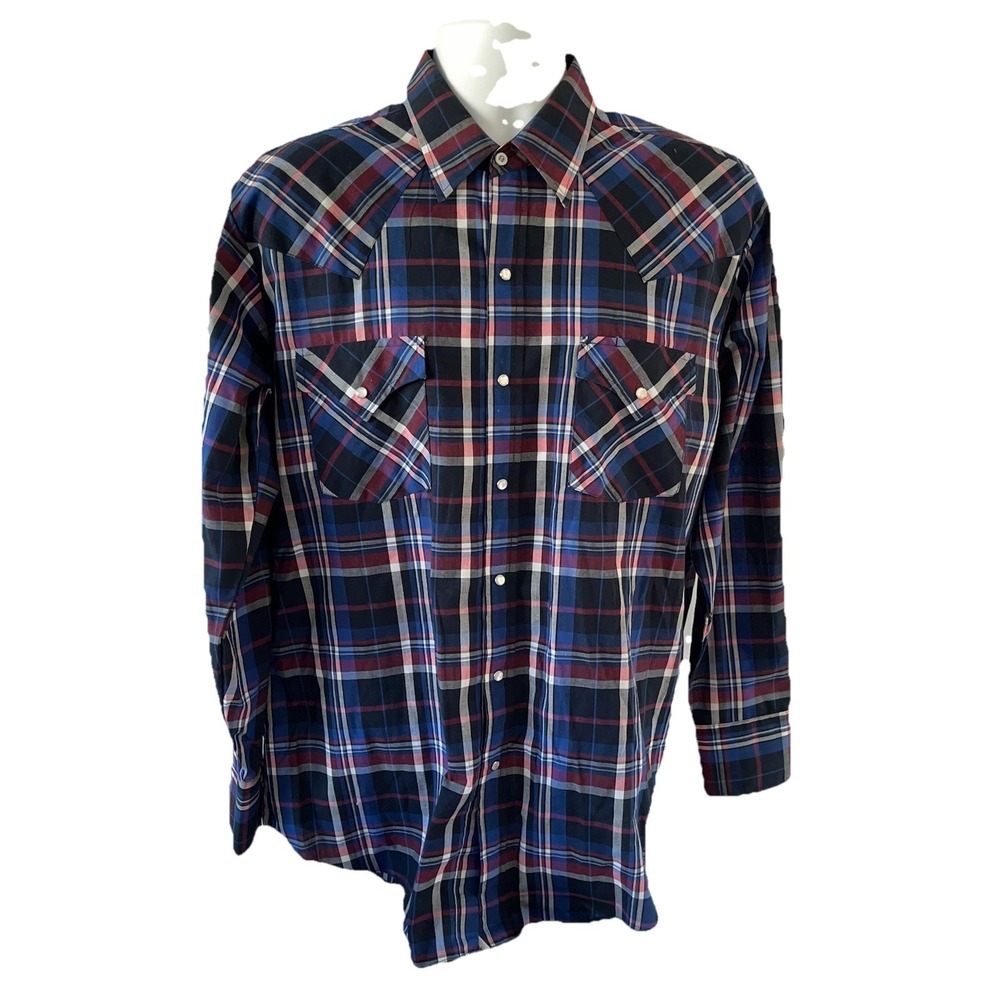 Plains Western Wear Shirt Large Blue Maroon‎ Plaid Pearl Snap Long Sleeve
